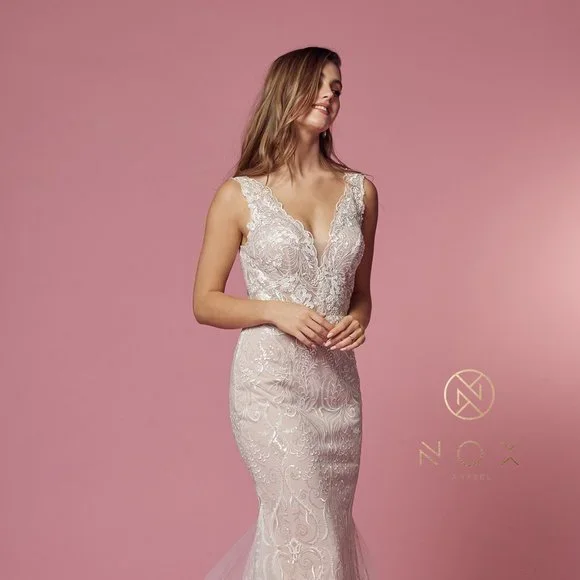NEW LONG SLEEVELESS WEDDING MERMAID DRESS EMBROIDERED WITH FLORAL LACE NX JW909